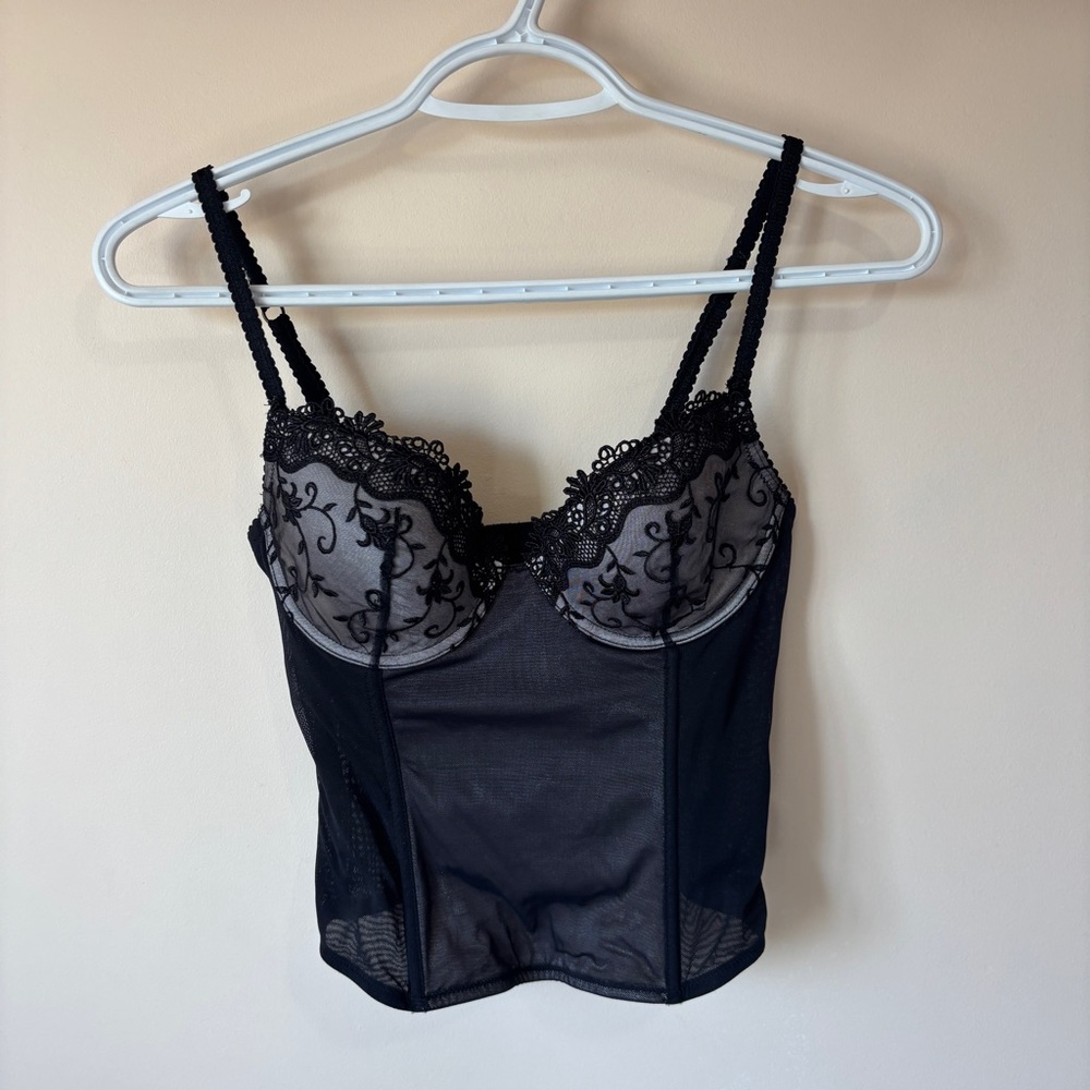 Sentiments 34/75B Black Lace Corset Style Mesh Top Bra Adjustable Straps